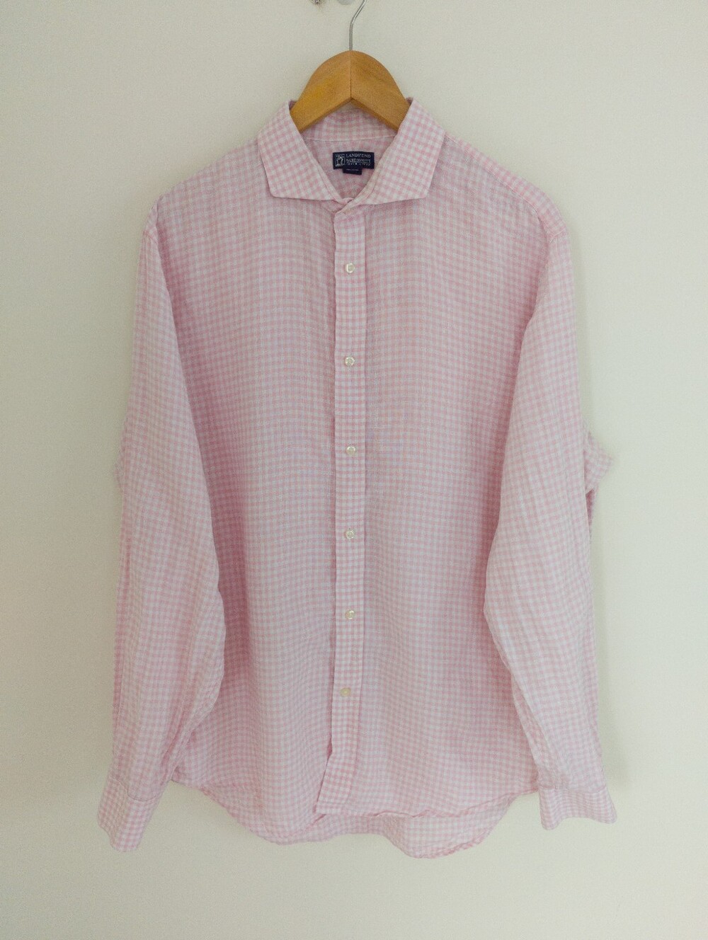 Lands' End Baird McNutt Irish Linen Shirt Pink Gingham Check Mens 16.5 35